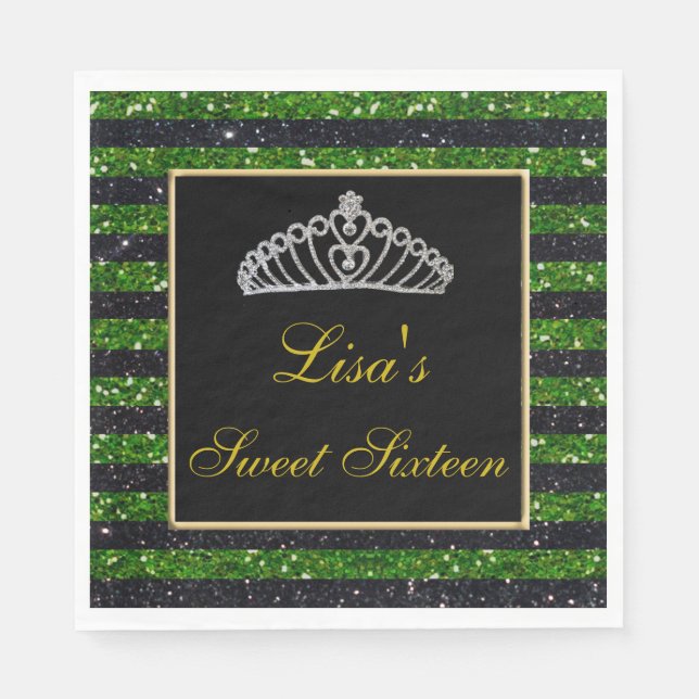 Elegant Chic Black Green Glitzer Tiara Sweet 16 Serviette (Vorderseite)