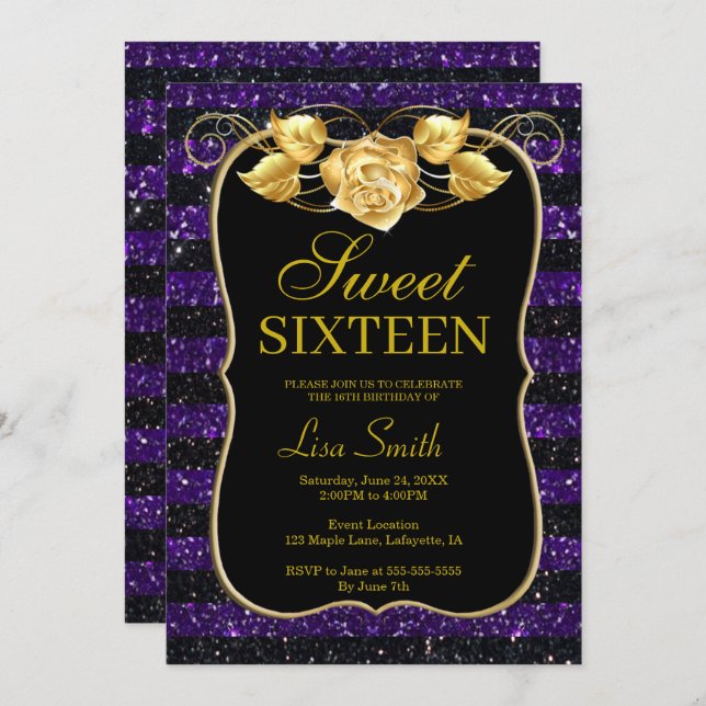 Elegant Chic Black Lila Glitzer Rose Sweet 16 Einladung (Vorne/Hinten)