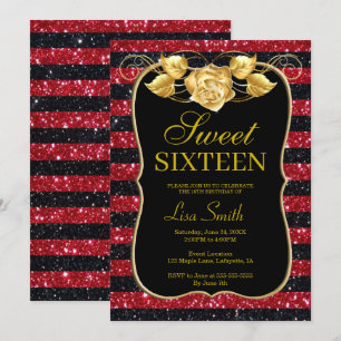 Elegant Chic Black Red Glitzer Rose Sweet 16 Einladung