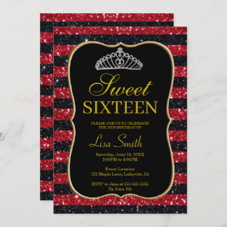 Elegant Chic Black Red Glitzer Tiara Sweet 16 Einladung