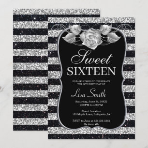 Elegant Chic Black Silver Glitzer Rose Sweet 16 Einladung