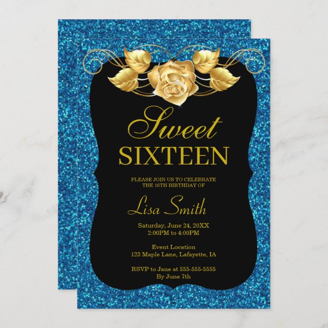 Elegant Chic Blue Glitzer Gold Rose Sweet 16 Einladung (Vorne/Hinten)
