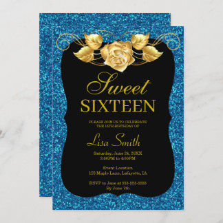 Elegant Chic Blue Glitzer Gold Rose Sweet 16 Einladung