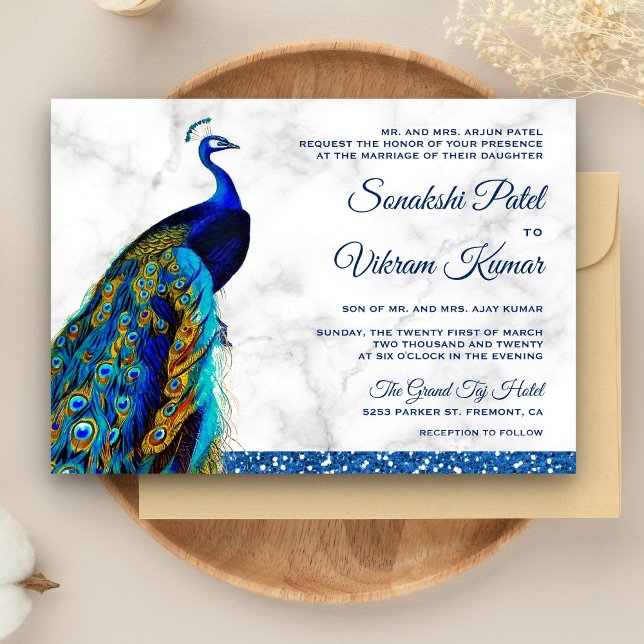 Elegant Chic Blue Glitzer Peacock Indian Wedding Einladung (Von Creator hochgeladen)