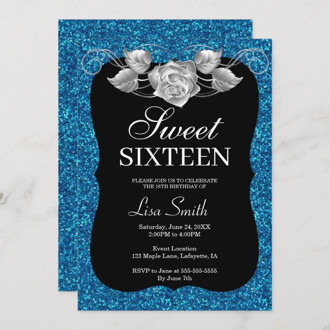 Elegant Chic Blue Glitzer Silver Rose Sweet 16 Einladung (Vorne/Hinten)