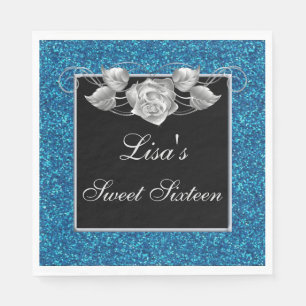Elegant Chic Blue Glitzer Silver Rose Sweet 16 Serviette