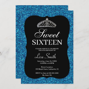 Elegant Chic Blue Glitzer Tiara Sweet 16 Einladung