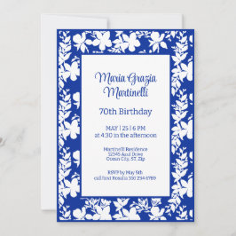 Elegant Chic Blue | Weißes Blumenmuster Geburtstag Einladung