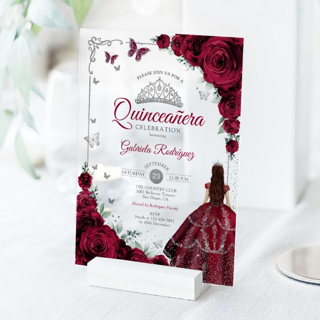 Elegant Chic Burgundy Roses Silver Quinceanera  Acryleinladungen (Von Creator hochgeladen)