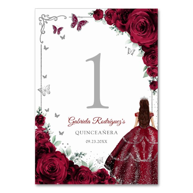 Elegant Chic Burgundy Roses Silver Quinceanera Tischnummer (Vorderseite)