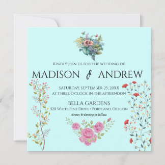 Elegant Chic Calligraphy Watercolor Blau Blüten Einladung