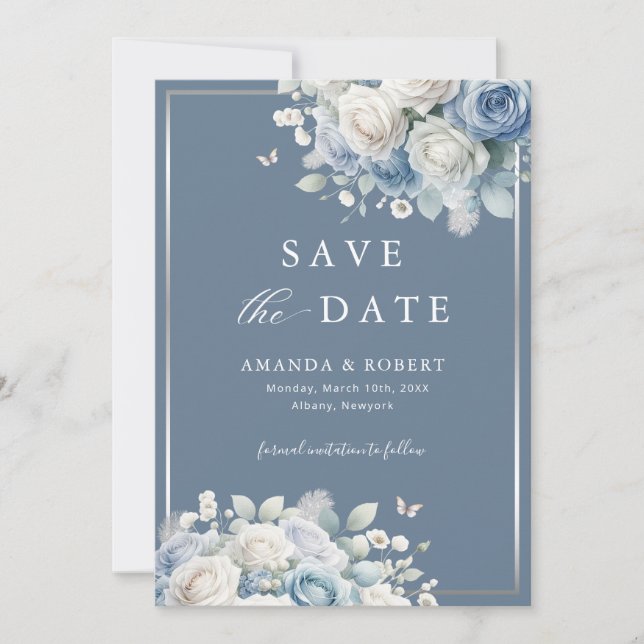 Elegant Chic Dusty Blue Boho Floral Save the Date (Vorderseite)