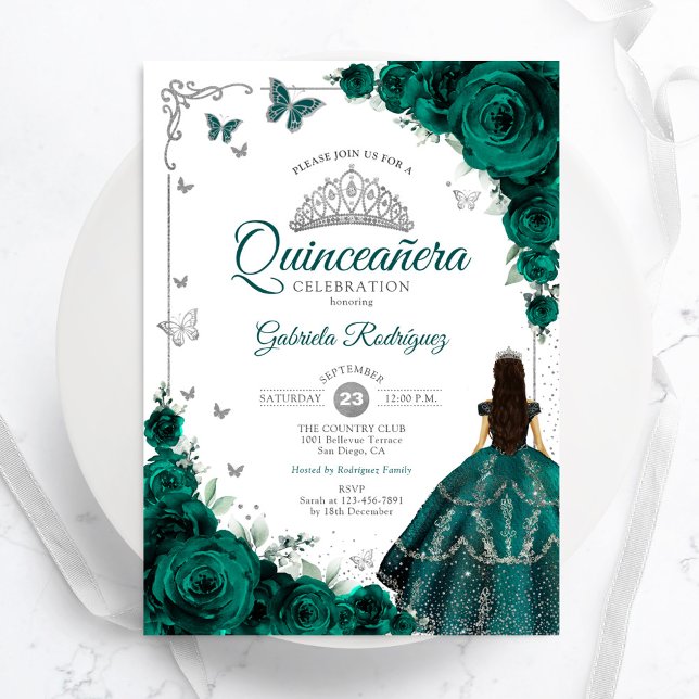 Elegant Chic Emerald Green Floral Quinceanera Einladung (Von Creator hochgeladen)