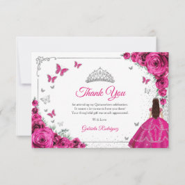 Elegant Chic Fuchsia Pink Roses Silver Quinceanera Dankeskarte