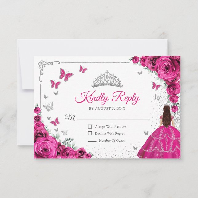 Elegant Chic Fuchsia Pink Silver Quinceanera Reply RSVP Karte (Vorderseite)
