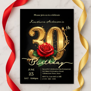 Elegant Chic Gilded 30. mit Rote Rose Bloom Einladung