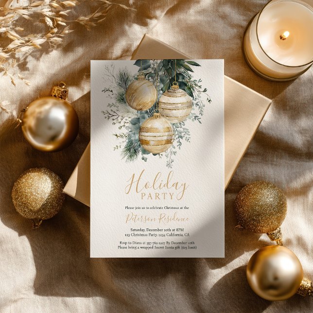 Elegant Chic Gold Baubles Greenery Christmas Party Einladung (Elegant Chic Gold Baubles Greenery Christmas Party Invitation)
