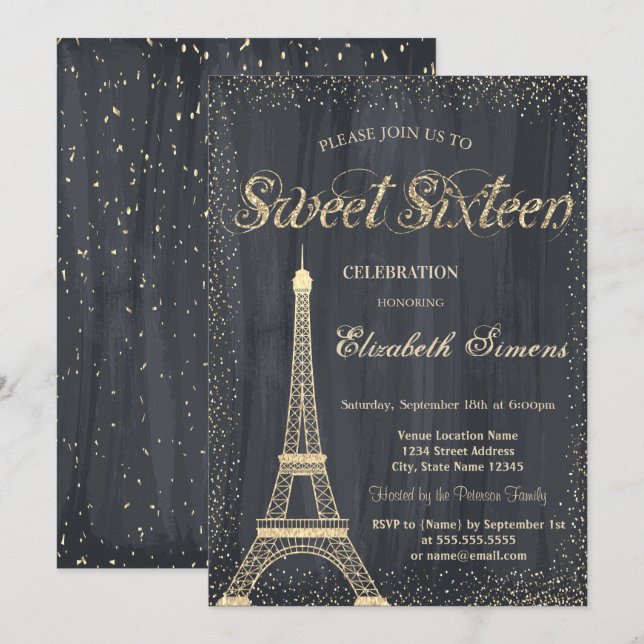 Elegant Chic Gold Eiffel Tower Confetti Sweet 16 Einladung (Vorne/Hinten)