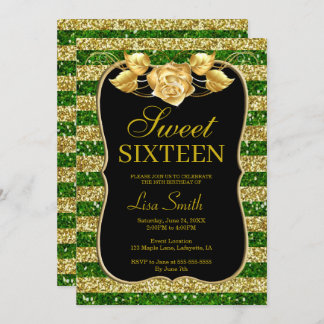 Elegant Chic Gold Green Glitzer Rose Sweet 16 Einladung