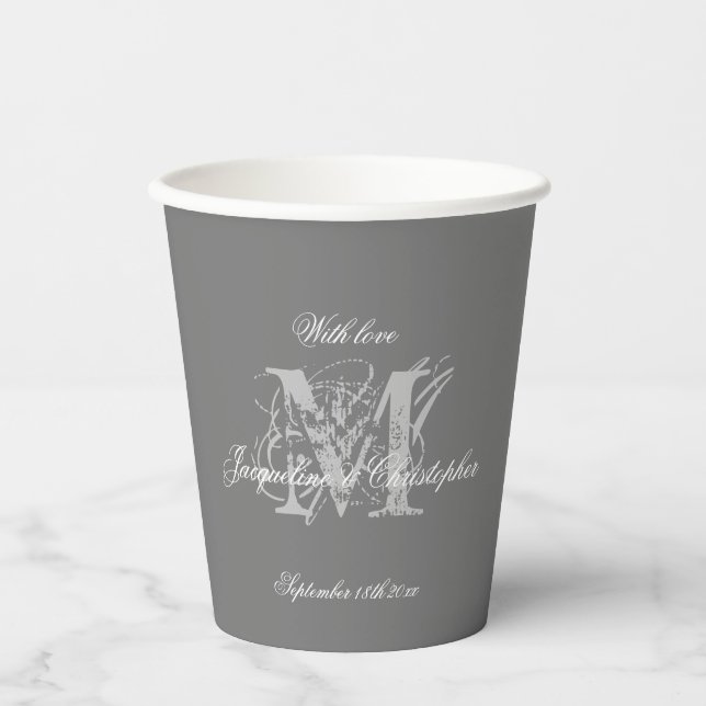 Elegant Chic Gray Wedding Monogram + Name Pappbecher (Vorderseite)