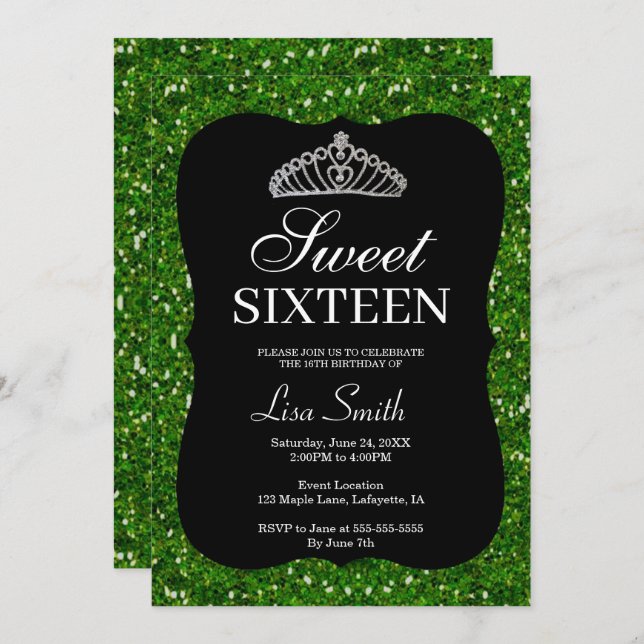 Elegant Chic Green Glitzer Tiara Sweet 16 Einladung (Vorne/Hinten)