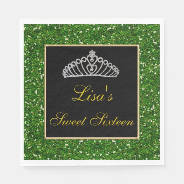 Elegant Chic Green Glitzer Tiara Sweet 16 Serviette (Vorderseite)