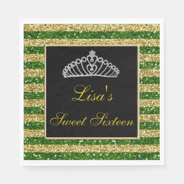 Elegant Chic Green Gold Glitzer Tiara Sweet 16 Serviette (Vorderseite)