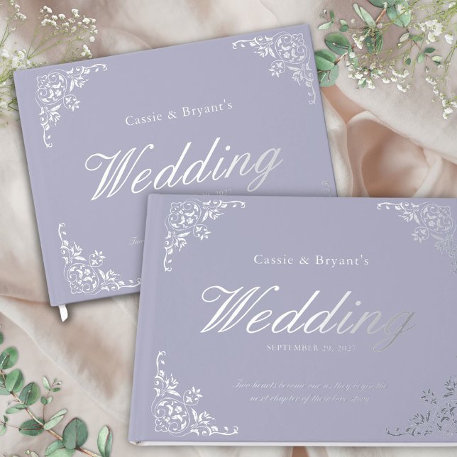Elegant Chic Lavender Lila Wedding Gästebuch (lavender purple guest book with silver foil and elegant decorative border for chic floral garden)
