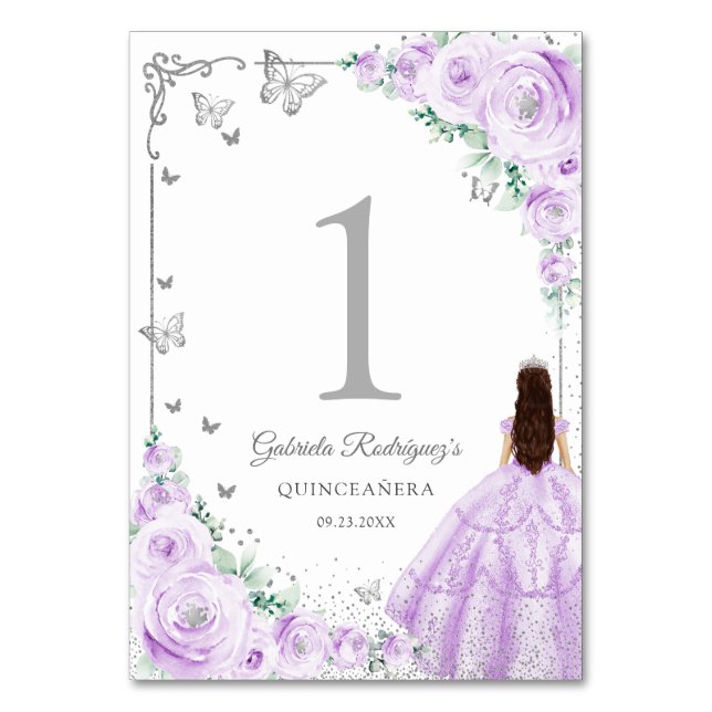 Elegant Chic Lilac Purple Roses Silver Quinceanera Tischnummer (Vorderseite)