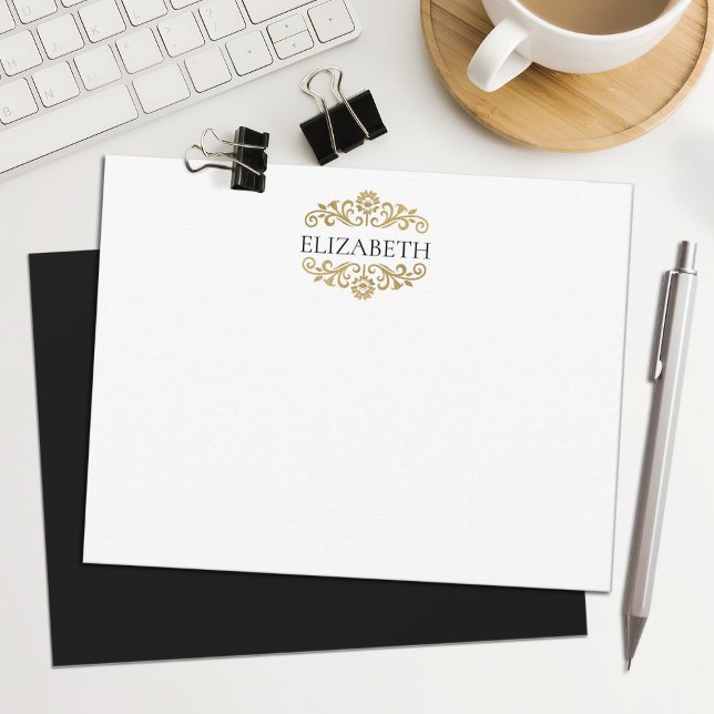 Elegant Chic Modern Monogram Black Gold  Mitteilungskarte (An elegant gold and black monogram stationery notecard. Personalize it with your name.)