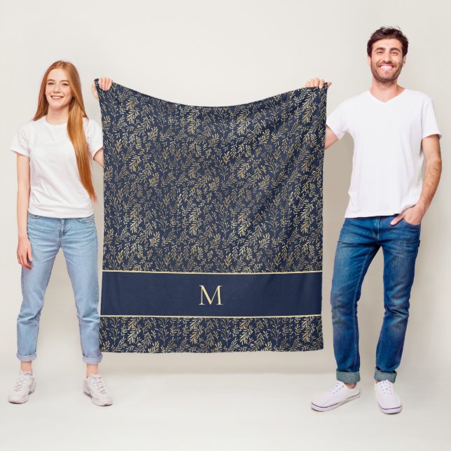 Elegant Chic Navy Blue Gold Blätter Monogram Fleecedecke (Beispiel)