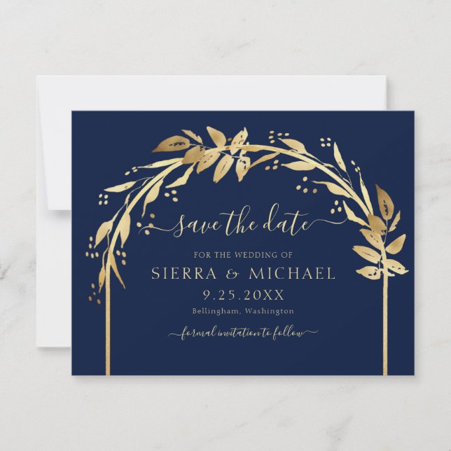 Elegant Chic Navy Blue Gold Foliage Arch Wedding Save The Date (Vorderseite)