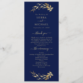 Elegant Chic Navy Blue Gold Foliage Hochzeit Programm