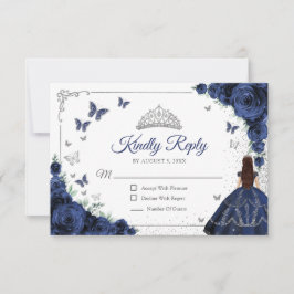Elegant Chic Navy Blue Silver Quinceanera Reply RSVP Karte