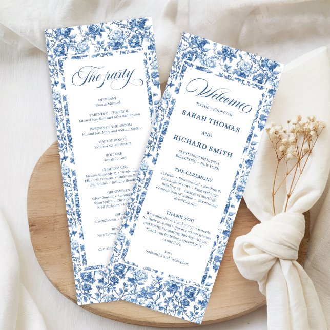 Elegant Chic Navy Blue Toile de Jouy Roses Wedding Programm (Elegant Chic Navy Blue Toile de Jouy Roses Wedding Program)