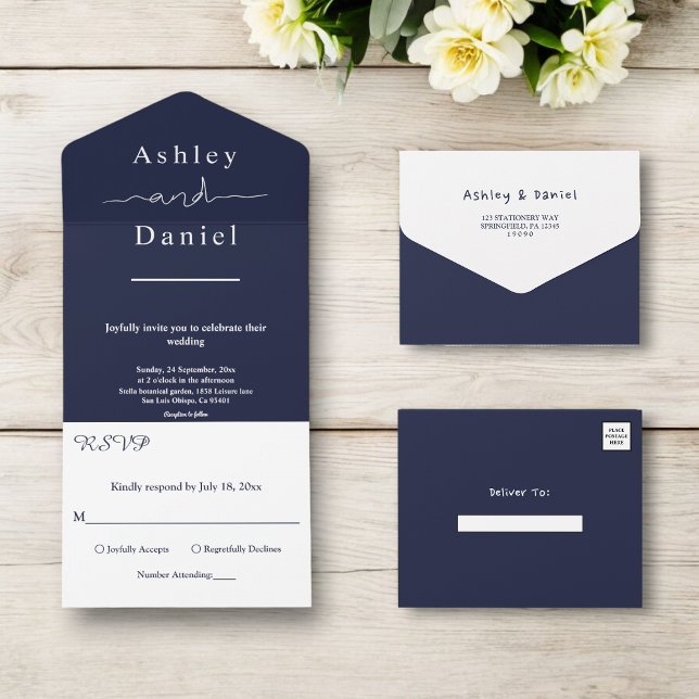 Elegant Chic Navy Blue White Modern Simple Wedding All In One Einladung (Von Creator hochgeladen)
