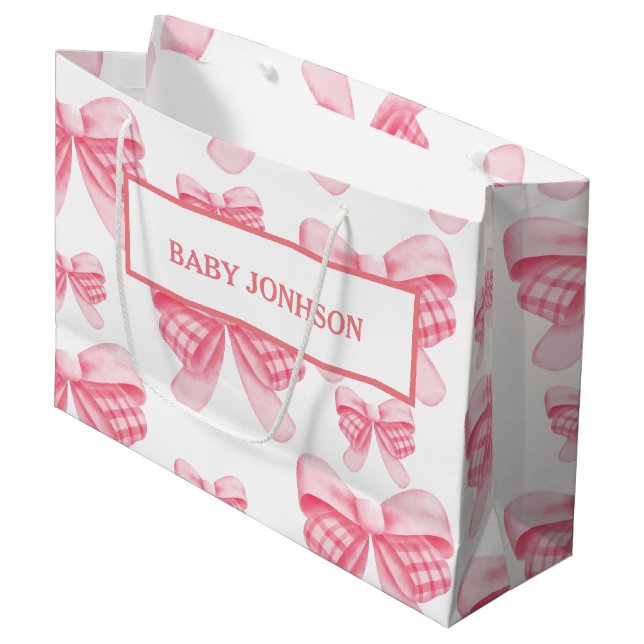 Elegant & Chic Pink Bow Girl Babydusche Große Geschenktüte (Vorderseite Schrägansicht)