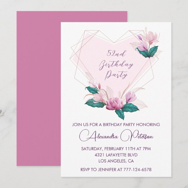 Elegant Chic Pink Floral 52. Geburtstag Einladung (Vorne/Hinten)
