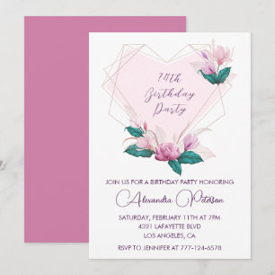 Elegant Chic Pink Floral 74. Geburtstag Einladung