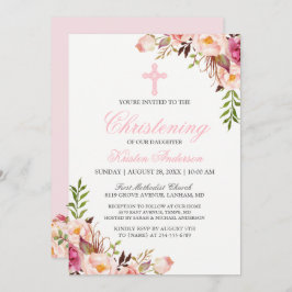 Elegant Chic Pink floral Christening Taufe Einladung