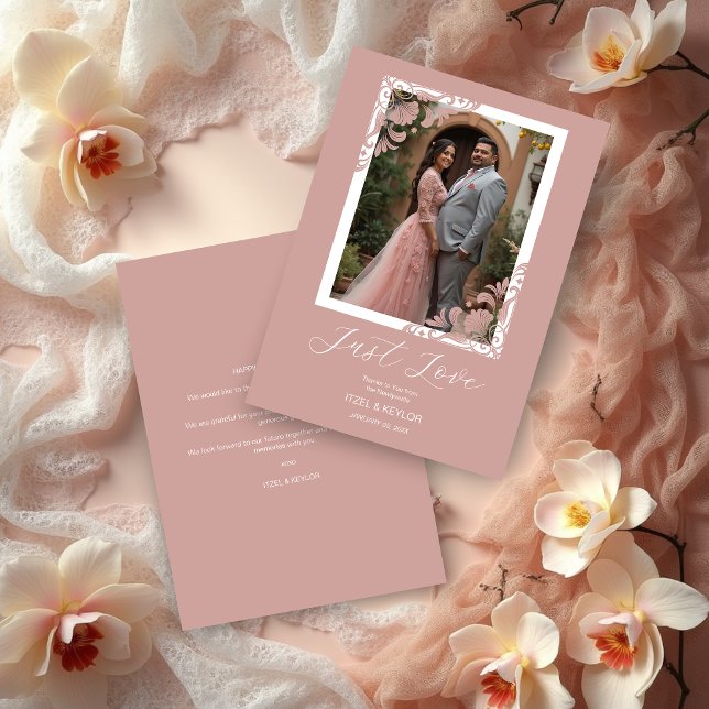 Elegant Chic Pink Ornate Corner Photo Wedding Dankeskarte (Elegant Chic Pink Ornate Corner Photo Wedding Thank You Cards.)