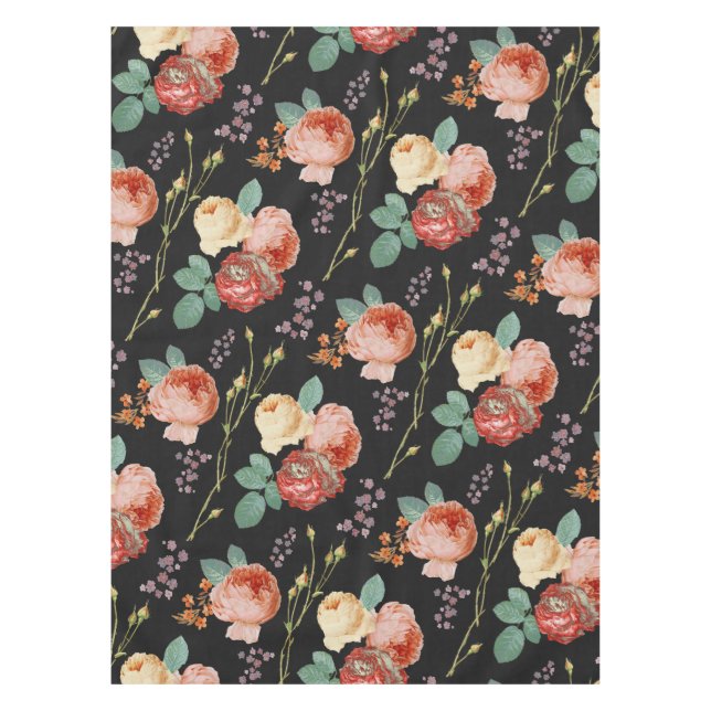 Elegant Chic Pink Roses Floral on Black Tischdecke (Vorderseite)