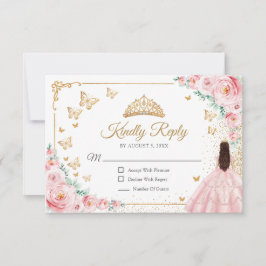 Elegant Chic Pink Roses Gold Quinceanera Reply RSVP Karte