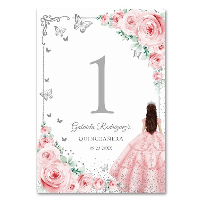 Elegant Chic Pink Roses Silver Quinceanera Tischnummer (Vorderseite)