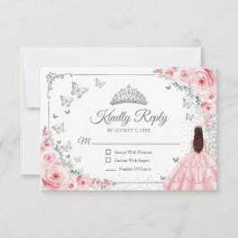Elegant Chic Pink Silver Quinceanera Reply RSVP Karte
