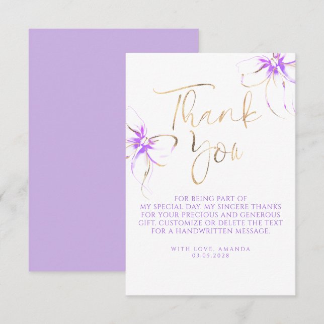 Elegant Chic Purple Bow Bridal Shower Thank You Dankeskarte (Vorne/Hinten)