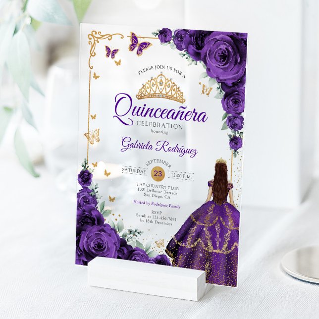 Elegant Chic Purple Roses Gold Quinceanera  Acryleinladungen (Von Creator hochgeladen)
