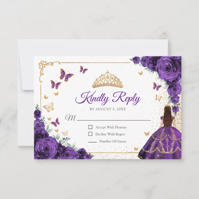 Elegant Chic Purple Roses Gold Quinceanera Reply RSVP Karte (Vorderseite)