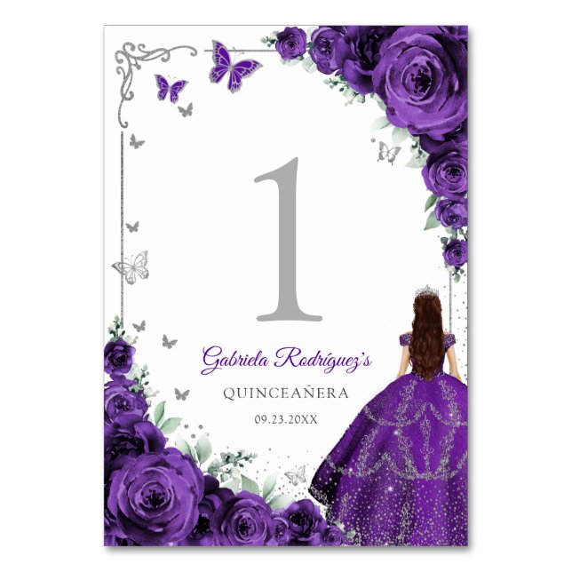 Elegant Chic Purple Roses Silver Quinceanera Tischnummer (Vorderseite)