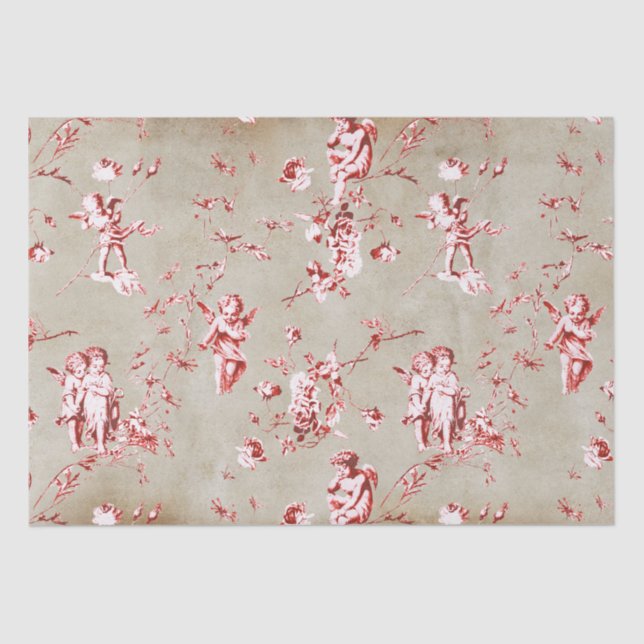 Elegant Chic Red Cupid Angels Floral Toile Kraft Seidenpapier (Vorderseite)